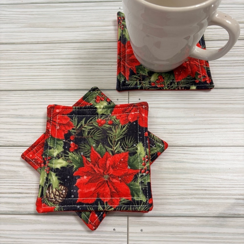 Handmade Poinsettia Resuable Washable Absorbent Fabric Coaster Set